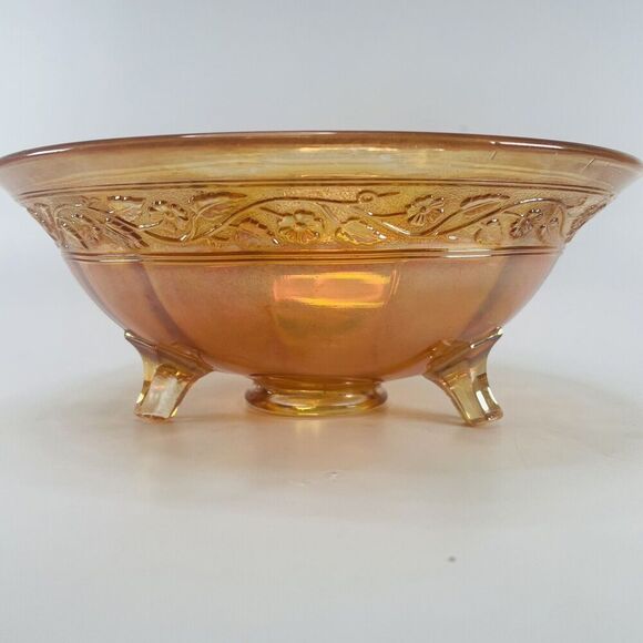 Imperial Glass Floral Optic Bowl Carnival Marigold Iridescent Three Footed VTG - Picture 1 of 13